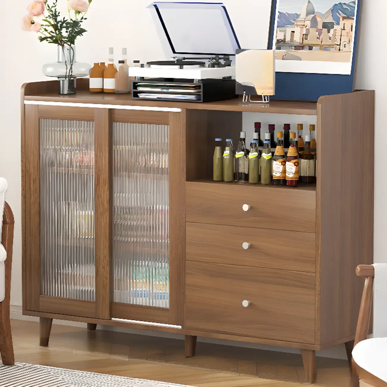 Freestanding Brown Cabinet with Sliding Door & Exterior Shelf Image - 12