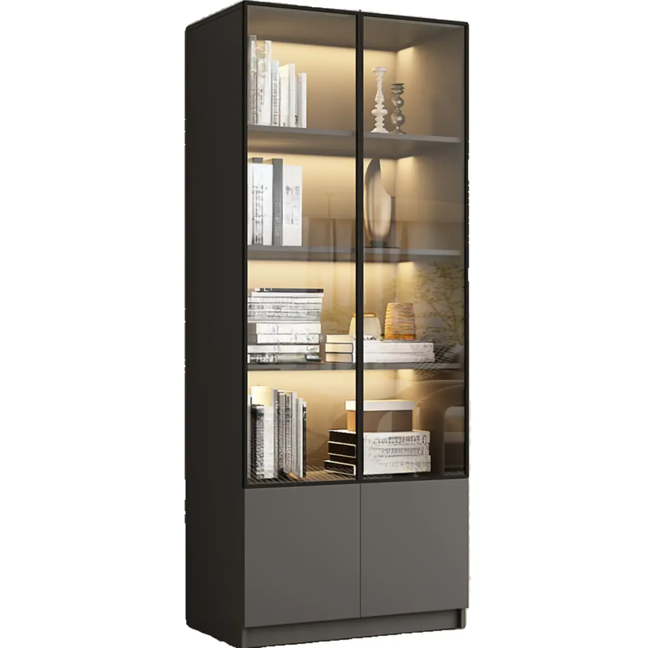 Modern Black Glass Display Cabinet with Shelves Image - 12