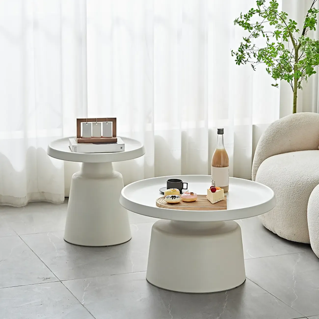 White Round Metal End Table with Tray Top for Living Room Image - 1