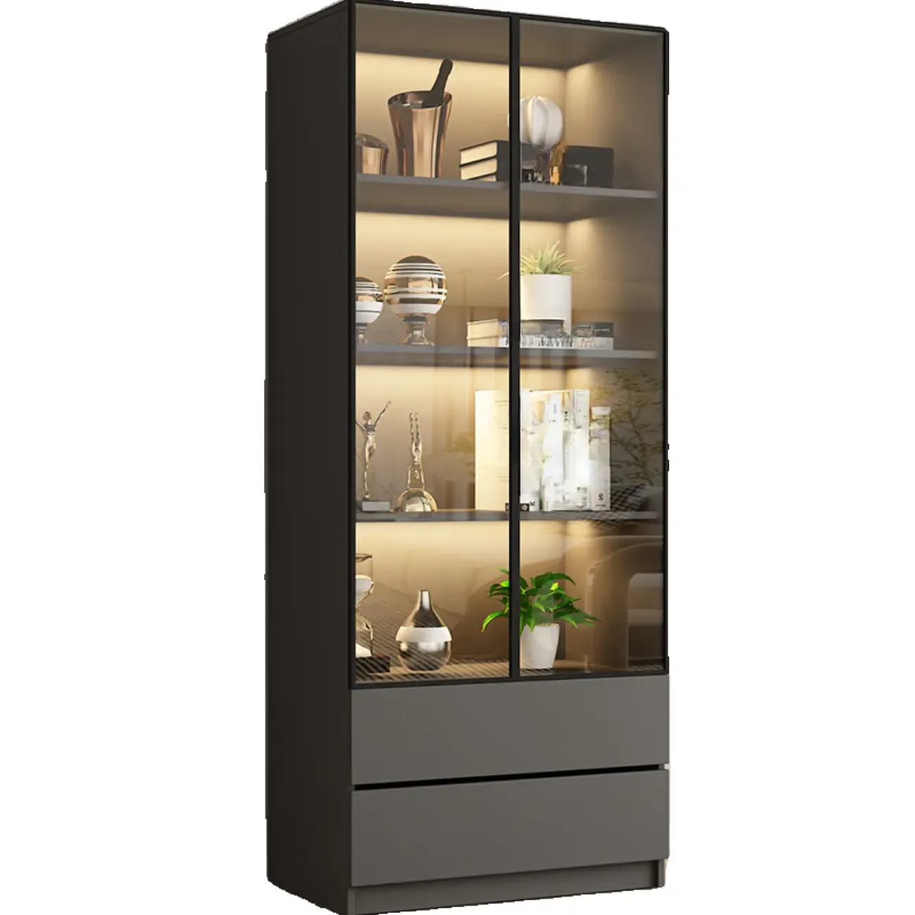 Modern Black Glass Display Cabinet with Shelves Image - 13