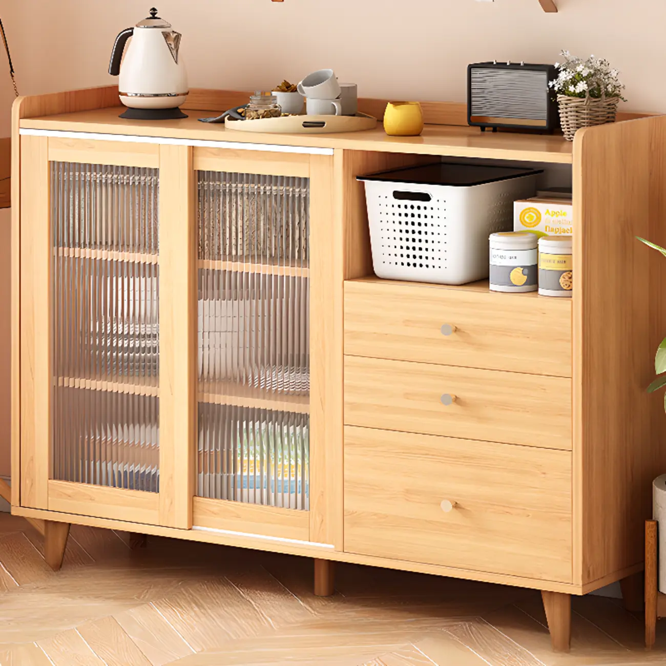 Freestanding Brown Cabinet with Sliding Door & Exterior Shelf Image - 14 | homeyfad