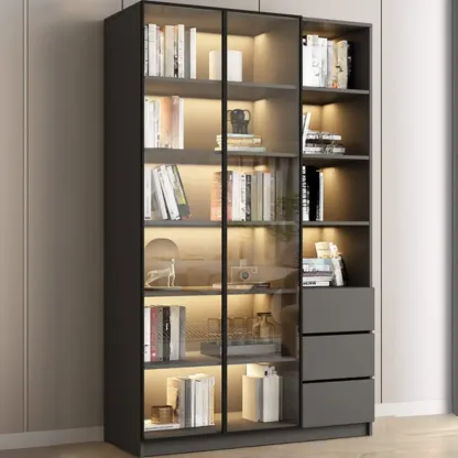 Modern Black Glass Display Cabinet with Shelves Image - 17