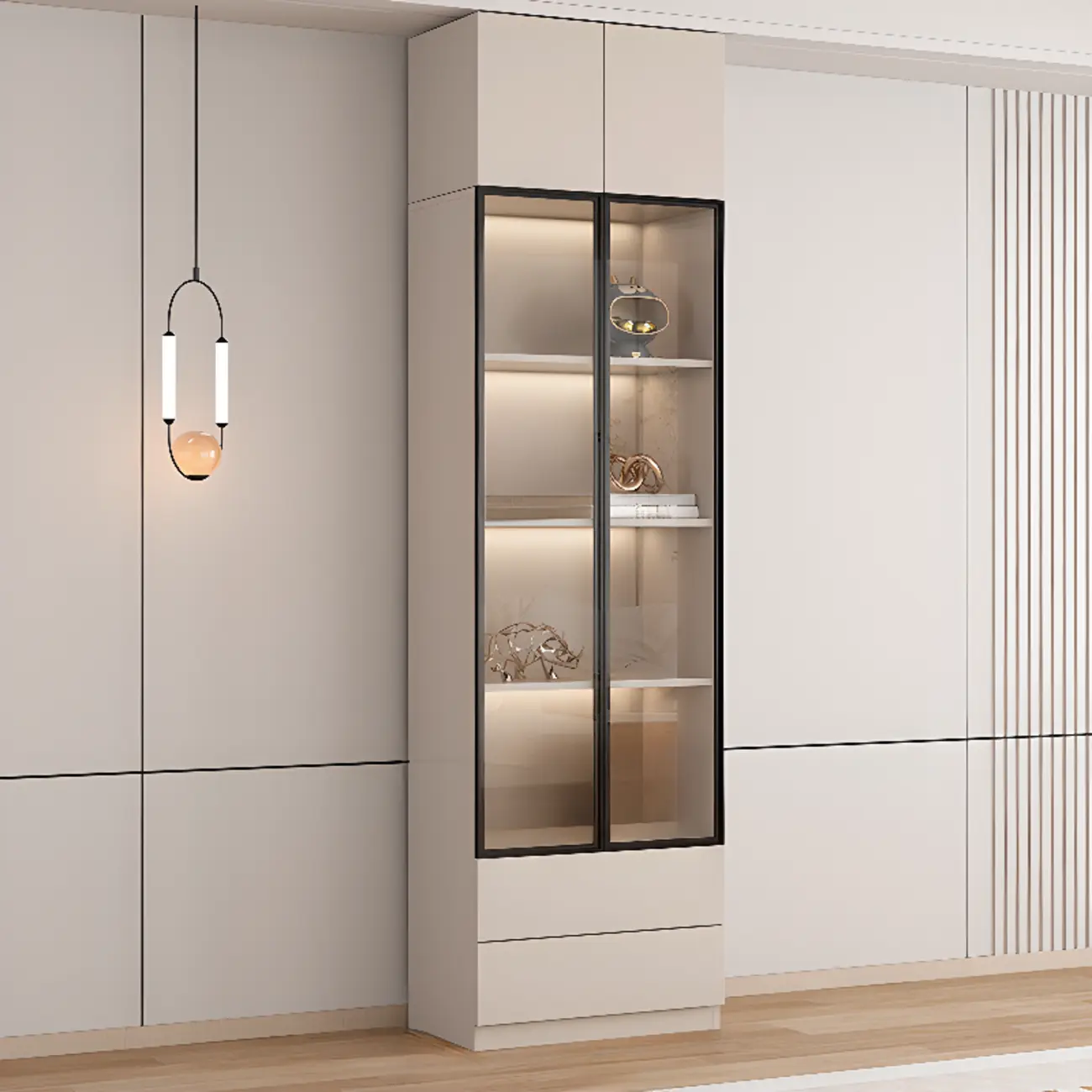 Elegant Natural Wooden Display Cabinet with LED Lighting Image - 17 | homeyfad