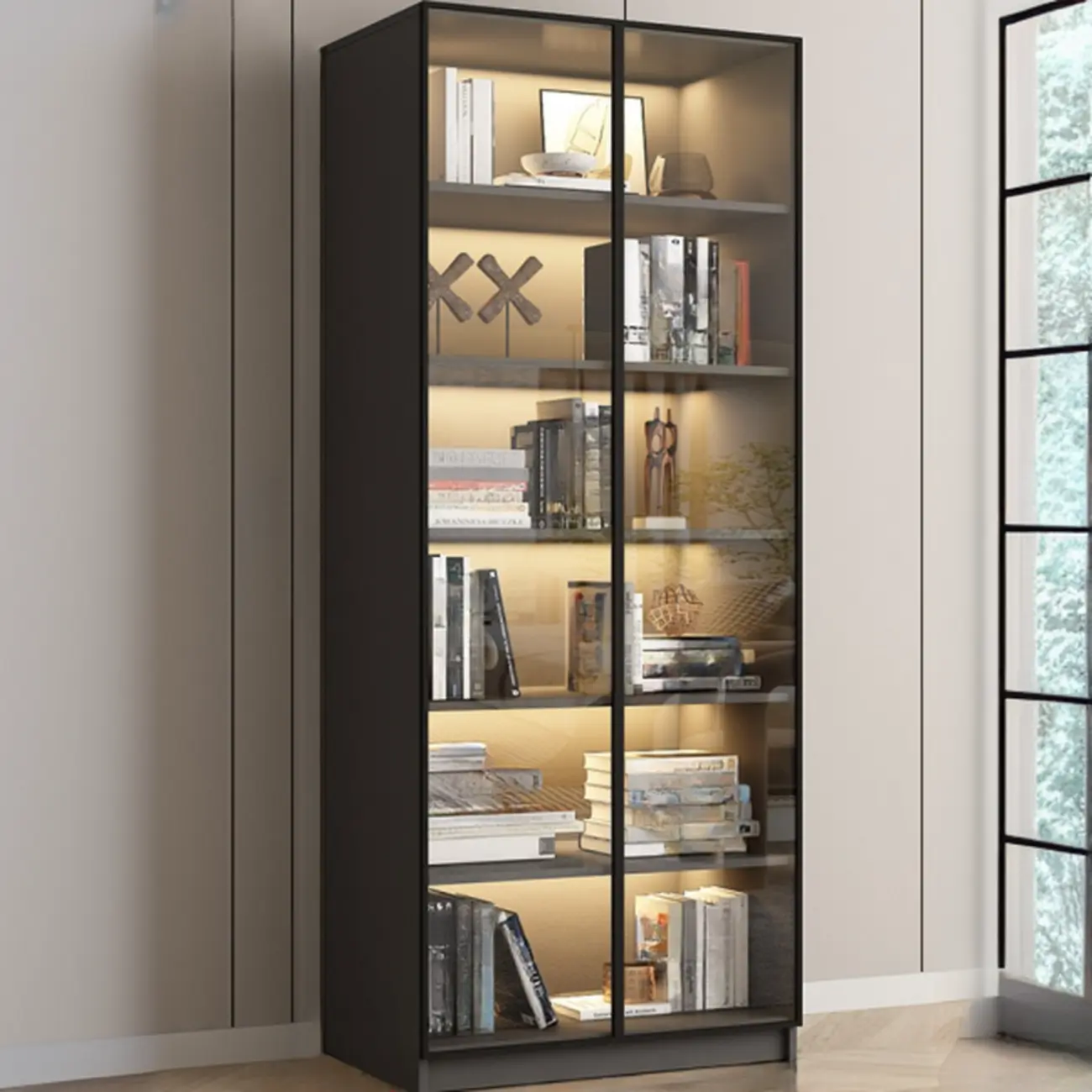 Modern Black Glass Display Cabinet with Shelves Image - 19 | homeyfad
