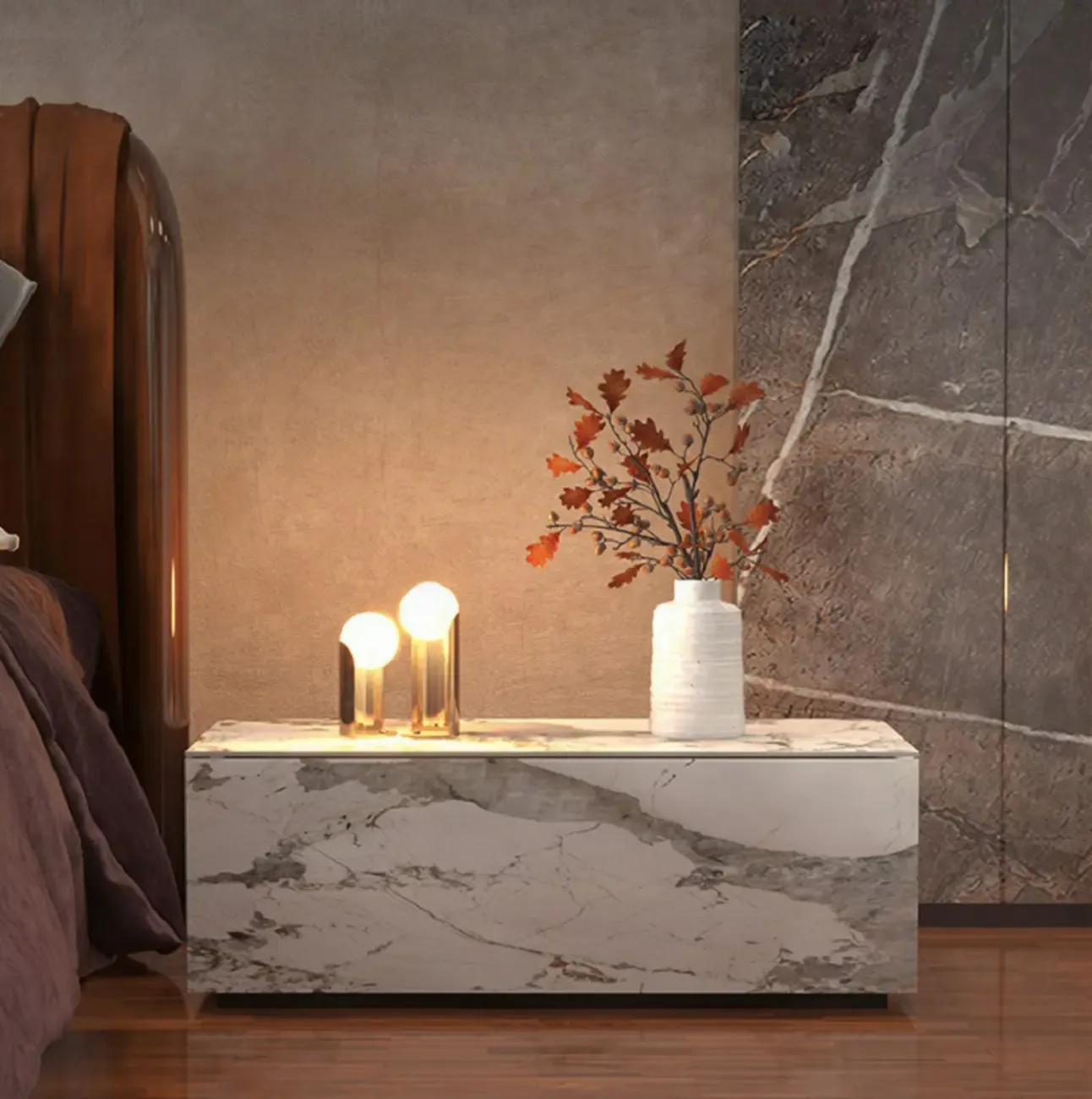 Modern Stone Bedside Table with Large Storage Drawer Image - 1
