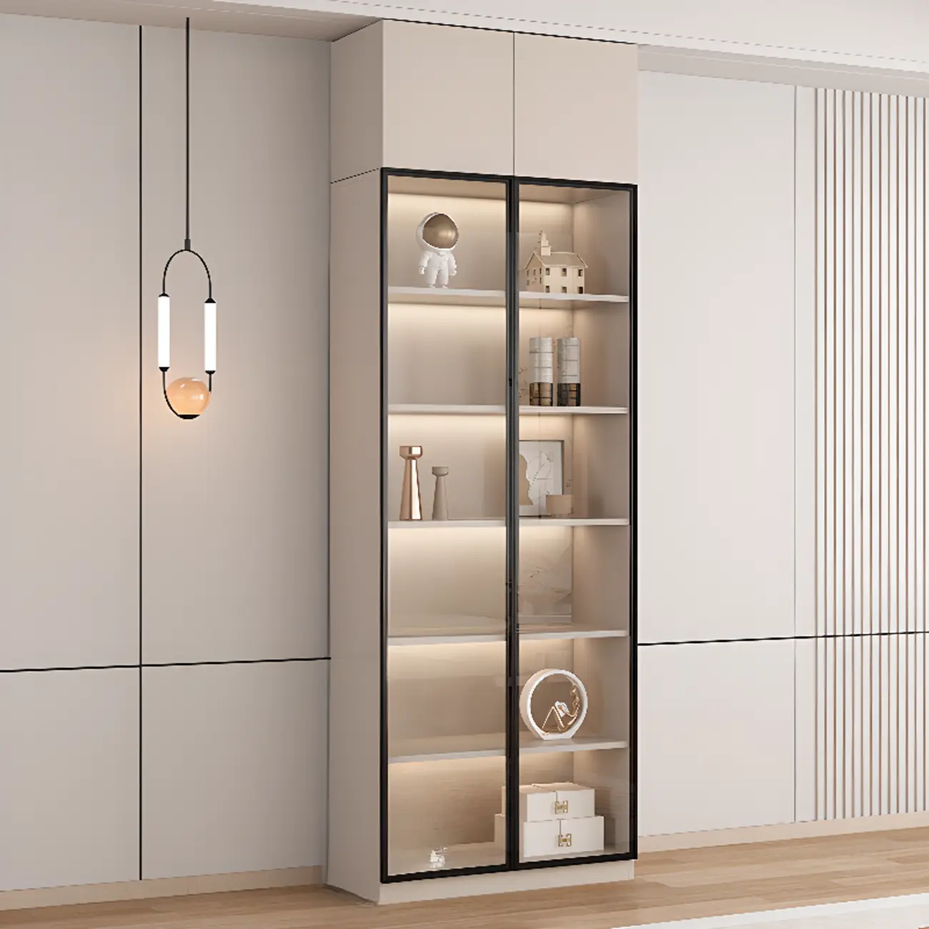 Elegant Natural Wooden Display Cabinet with LED Lighting Image - 18 | homeyfad