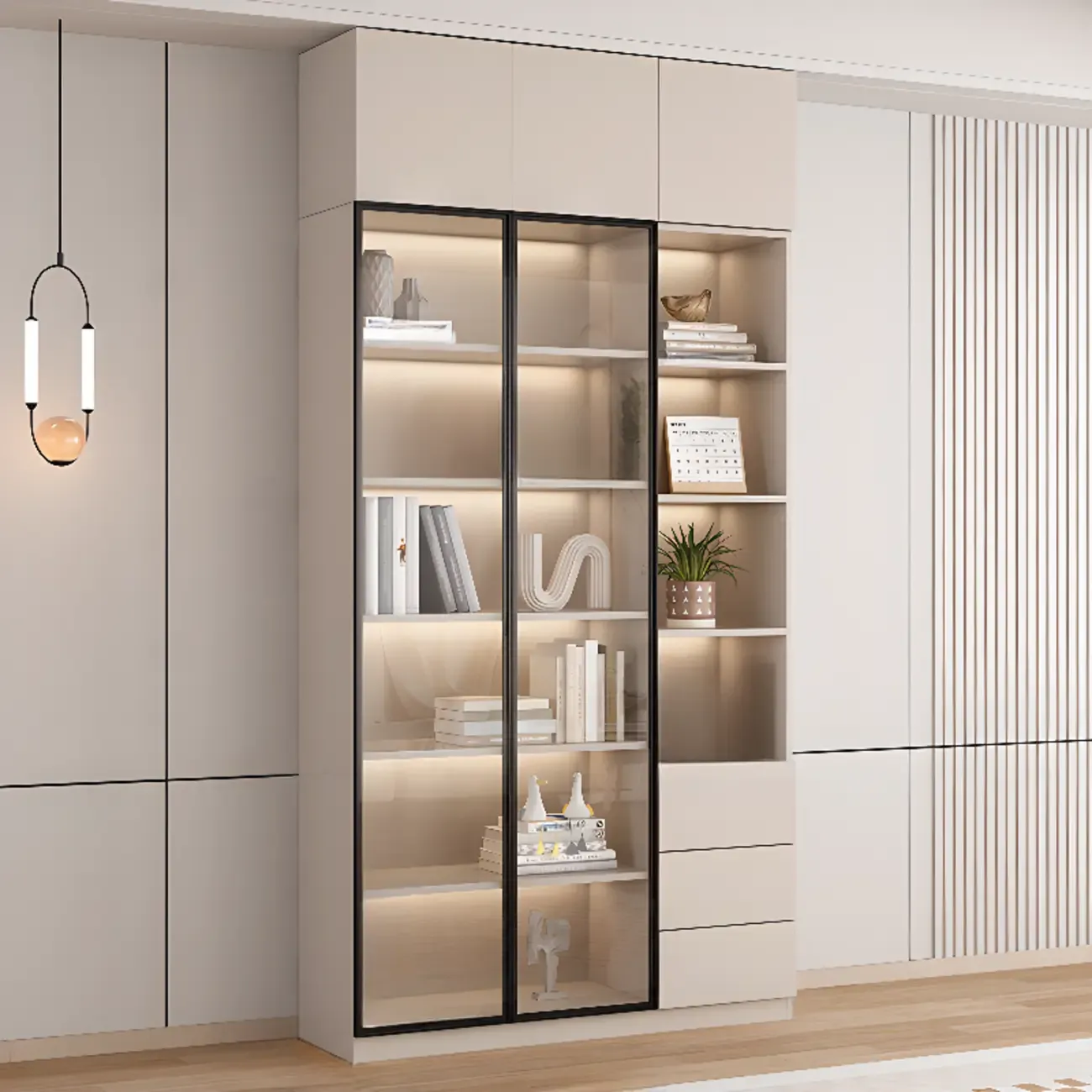 Elegant Natural Wooden Display Cabinet with LED Lighting Image - 19