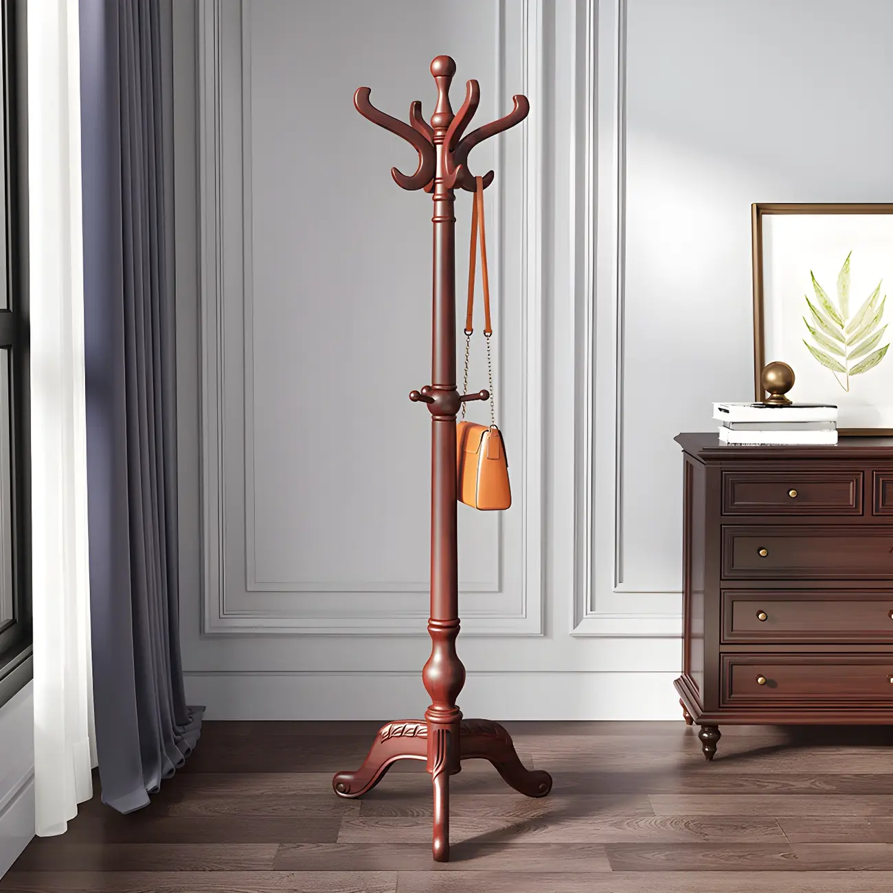 Traditional Brown Wooden Freestanding Coat Rack Image - 2 | homeyfad