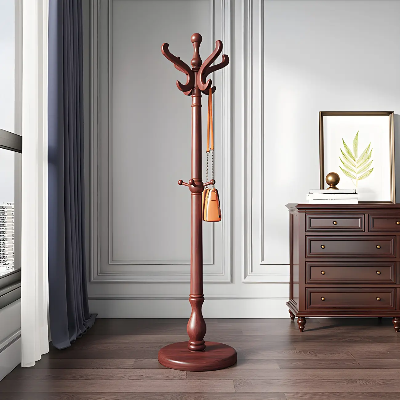 Traditional Brown Wooden Freestanding Coat Rack Image - 3 | homeyfad