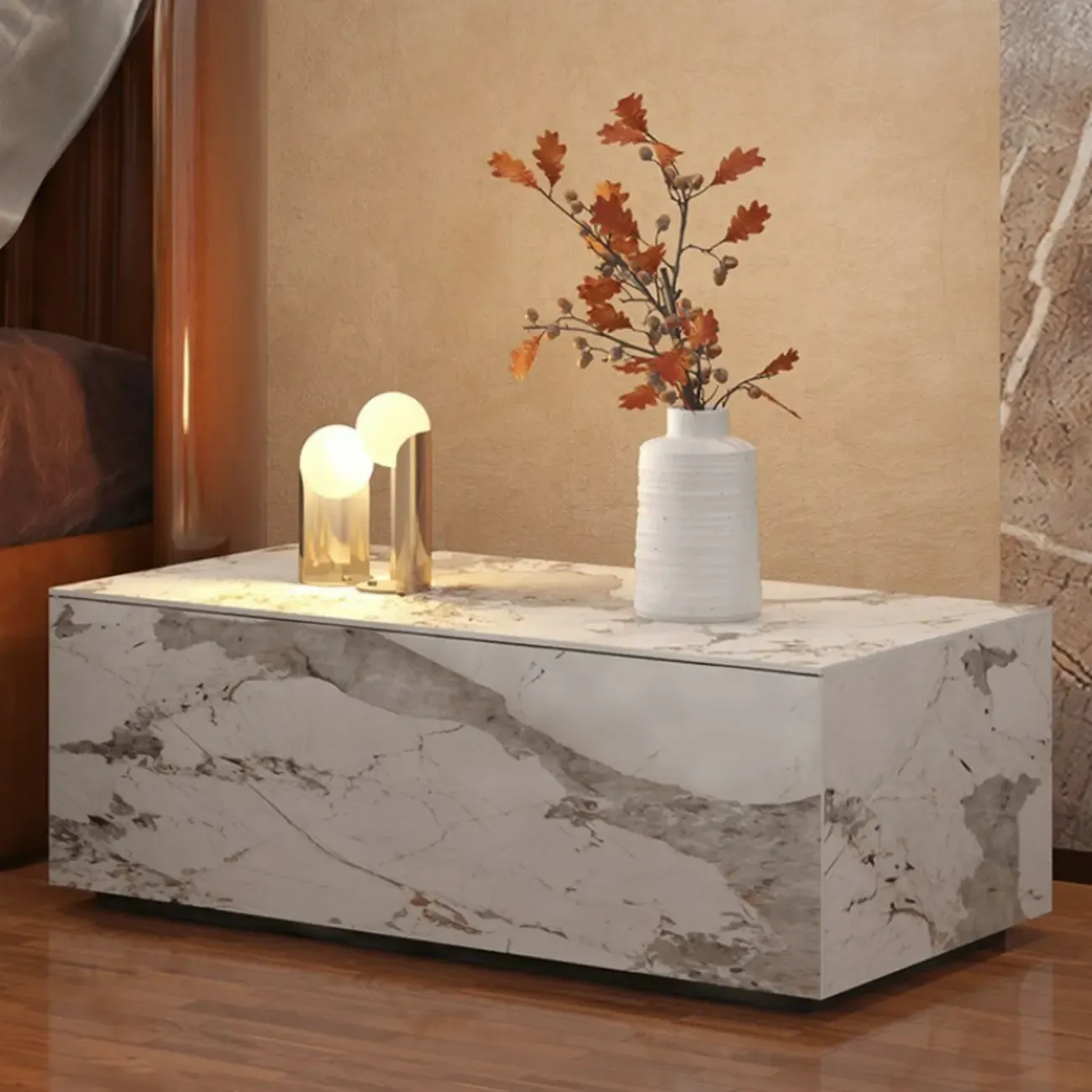 Modern Stone Bedside Table with Large Storage Drawer Image - 4