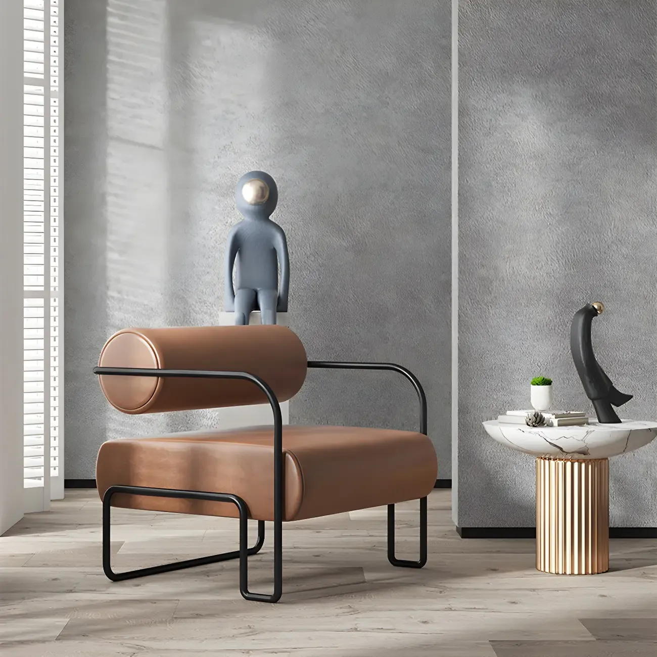 Industrial Leather/Velvet Accent Chair with Metal Frame Image - 5