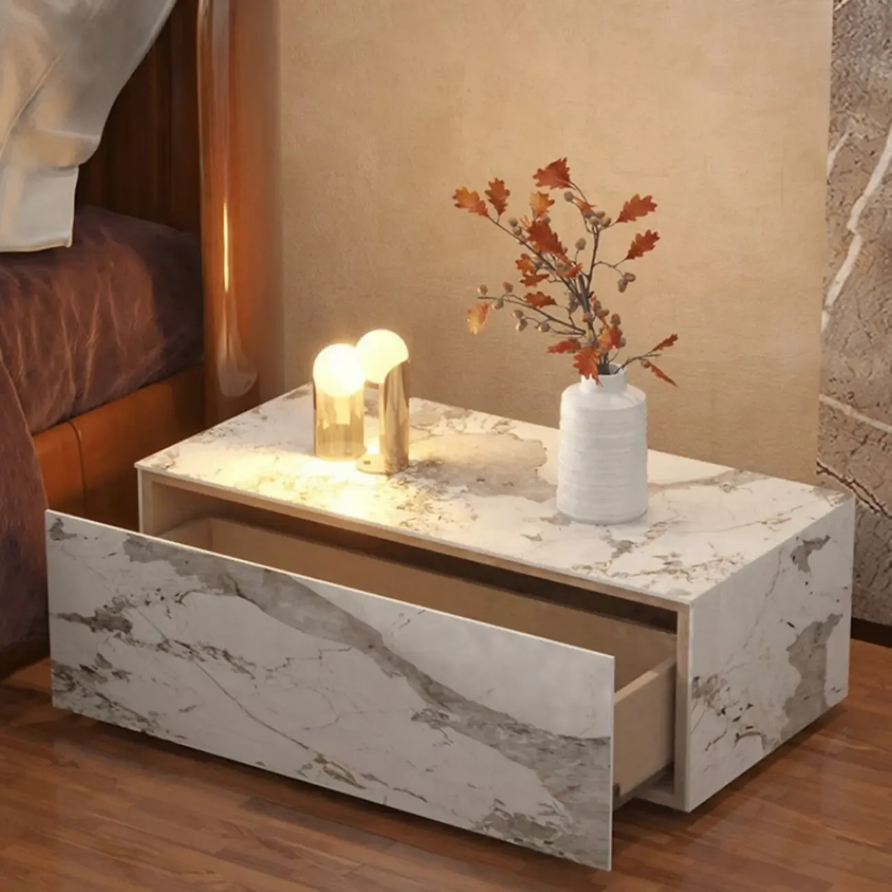 Modern Stone Bedside Table with Large Storage Drawer Image - 6