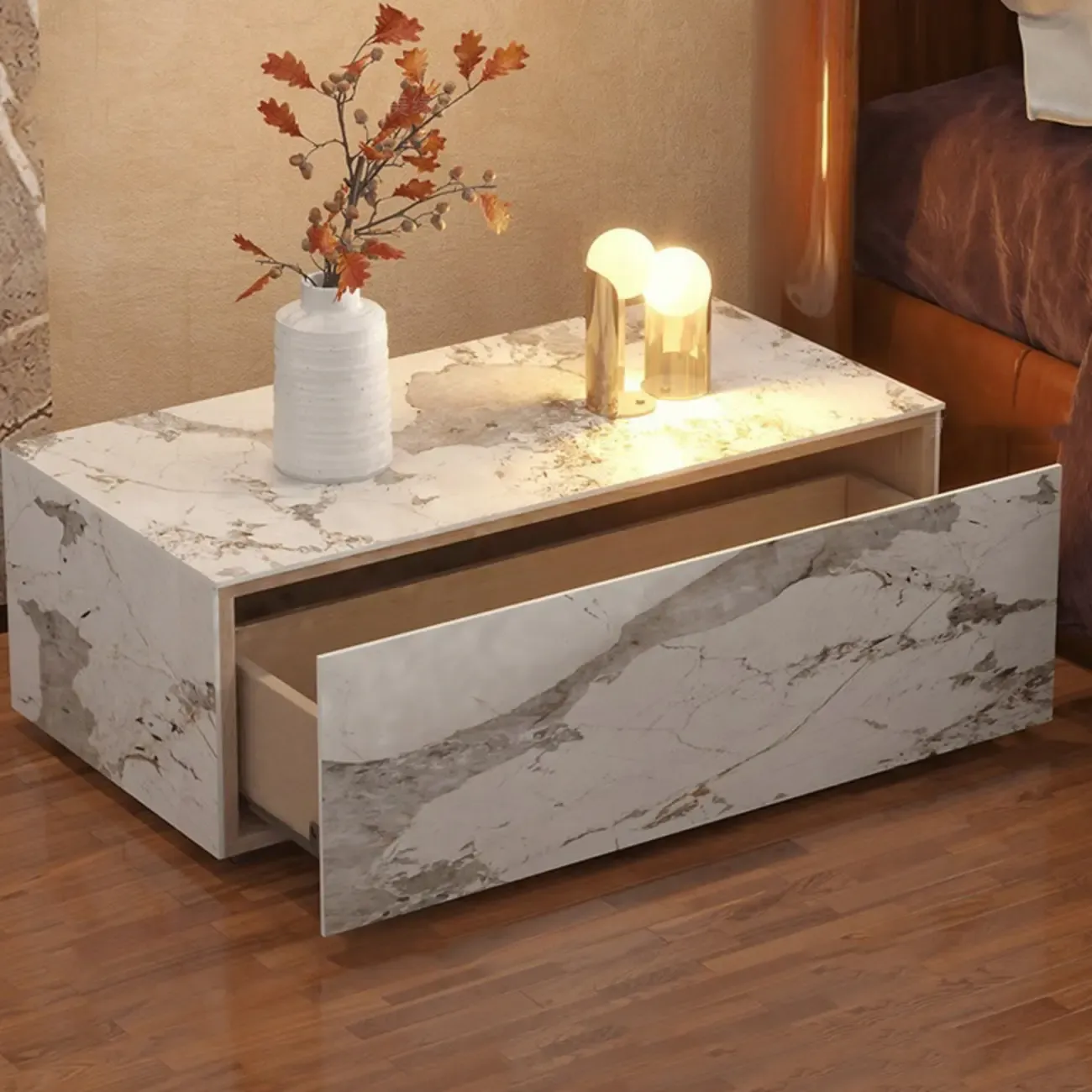 Modern Stone Bedside Table with Large Storage Drawer Image - 8