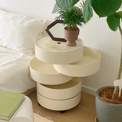 Simple Off White Rotating Bedside Table with Drawers Storage  Image - 1