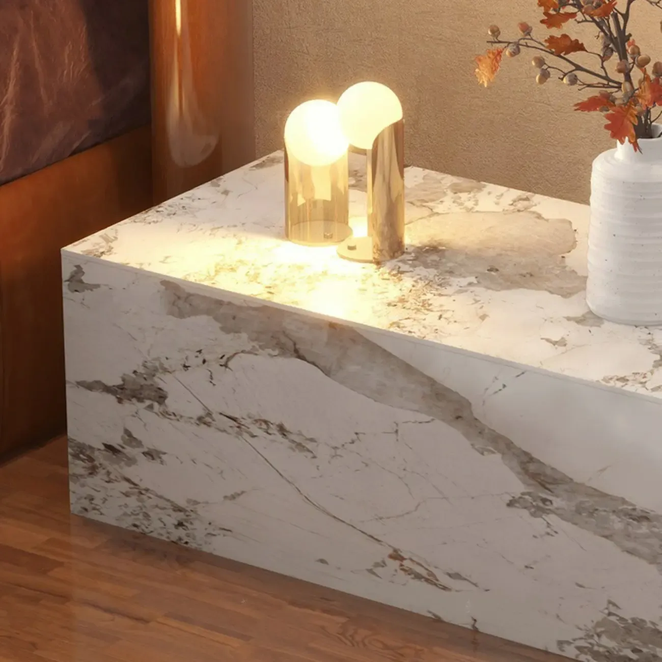Modern Stone Bedside Table with Large Storage Drawer Image - 12