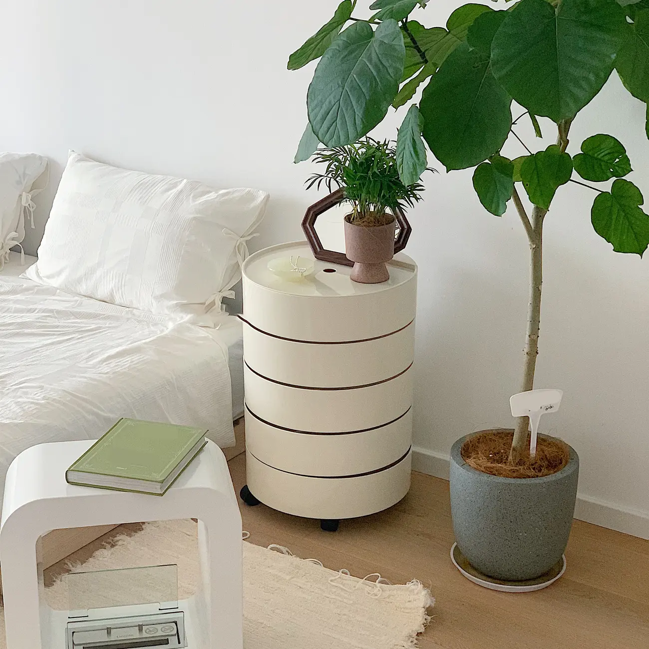 Simple Off White Rotating Bedside Table with Drawers Storage  Image - 6 | homeyfad