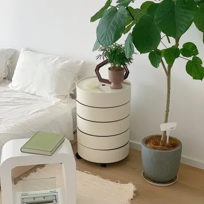 Simple Off White Rotating Bedside Table with Drawers Storage  Image - 6