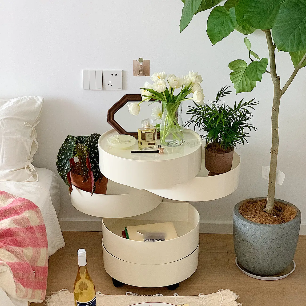 Simple Off White Rotating Bedside Table with Drawers Storage  Image - 7 | homeyfad