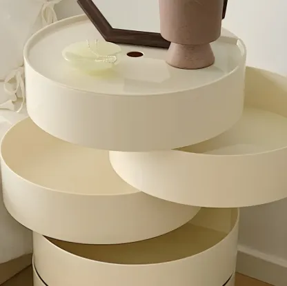 Simple Off White Rotating Bedside Table with Drawers Storage  Image - 9