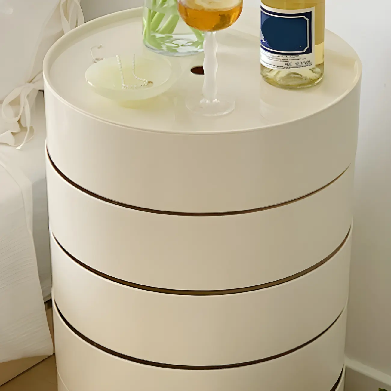 Simple Off White Rotating Bedside Table with Drawers Storage  Image - 12 | homeyfad