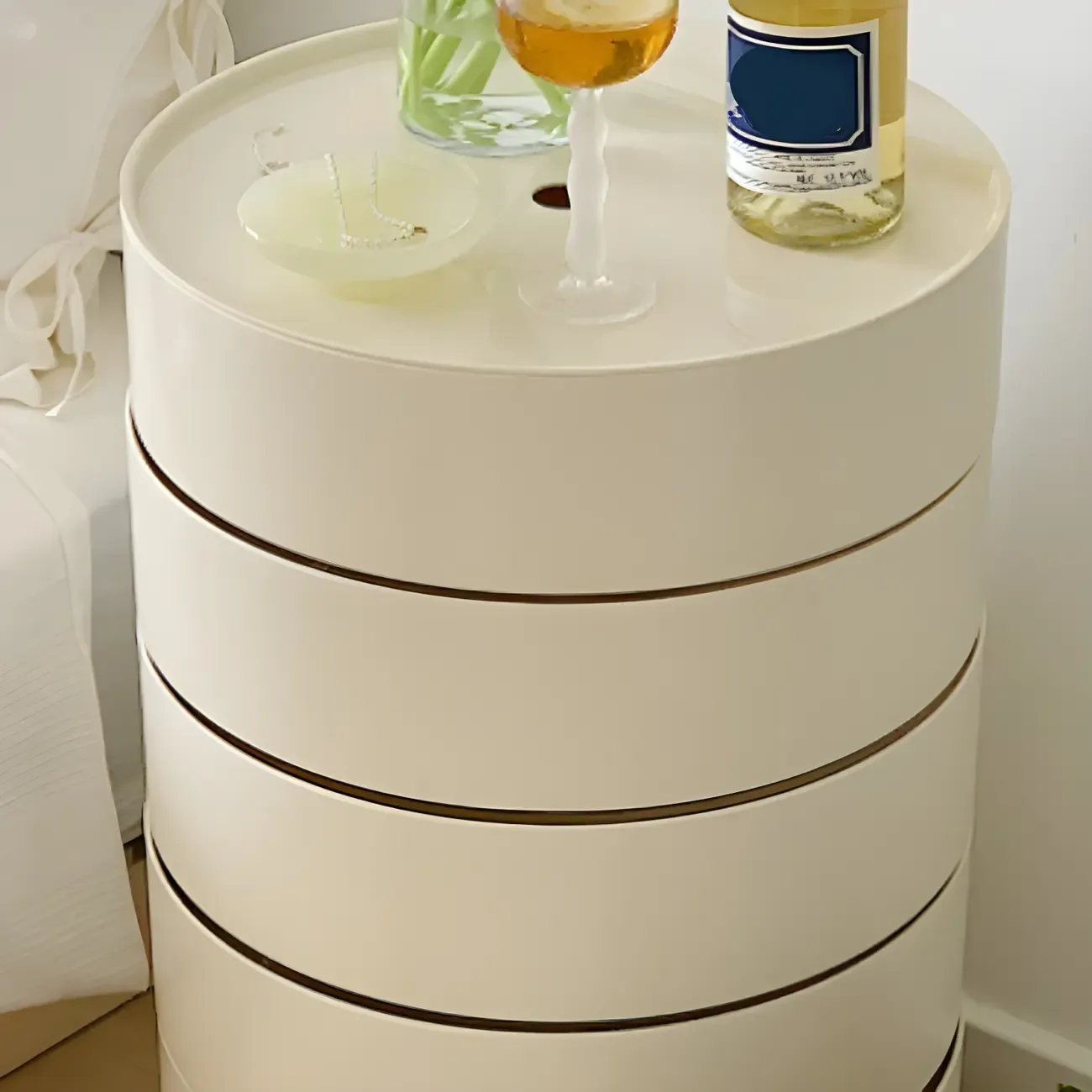 Simple Off White Rotating Bedside Table with Drawers Storage  Image - 12