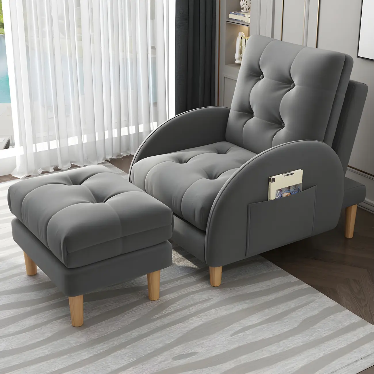 Scandinavian Manual Recliner Chair with Storage and Ottoman Image - 2 | homeyfad