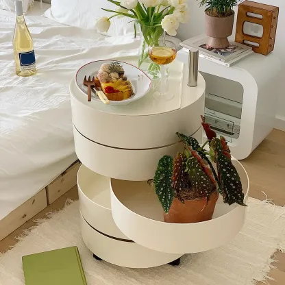 Simple Off White Rotating Bedside Table with Drawers Storage  Image - 15