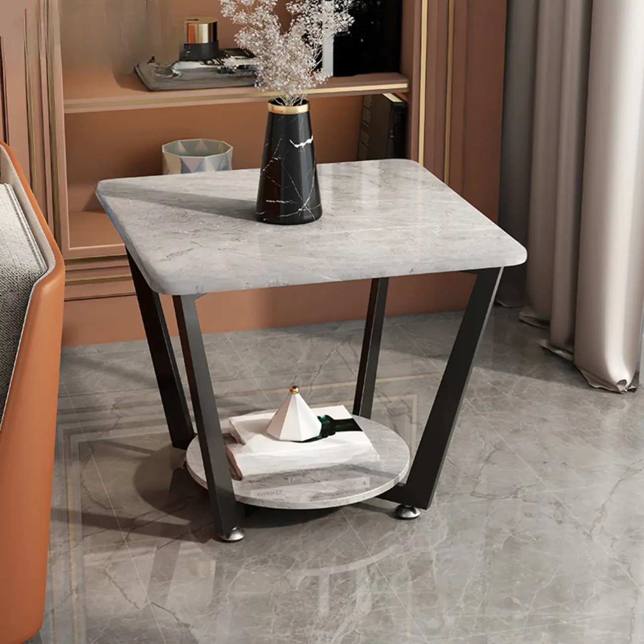 Gray Square Marble Top Modern End Table with Storage Image - 1 | homeyfad