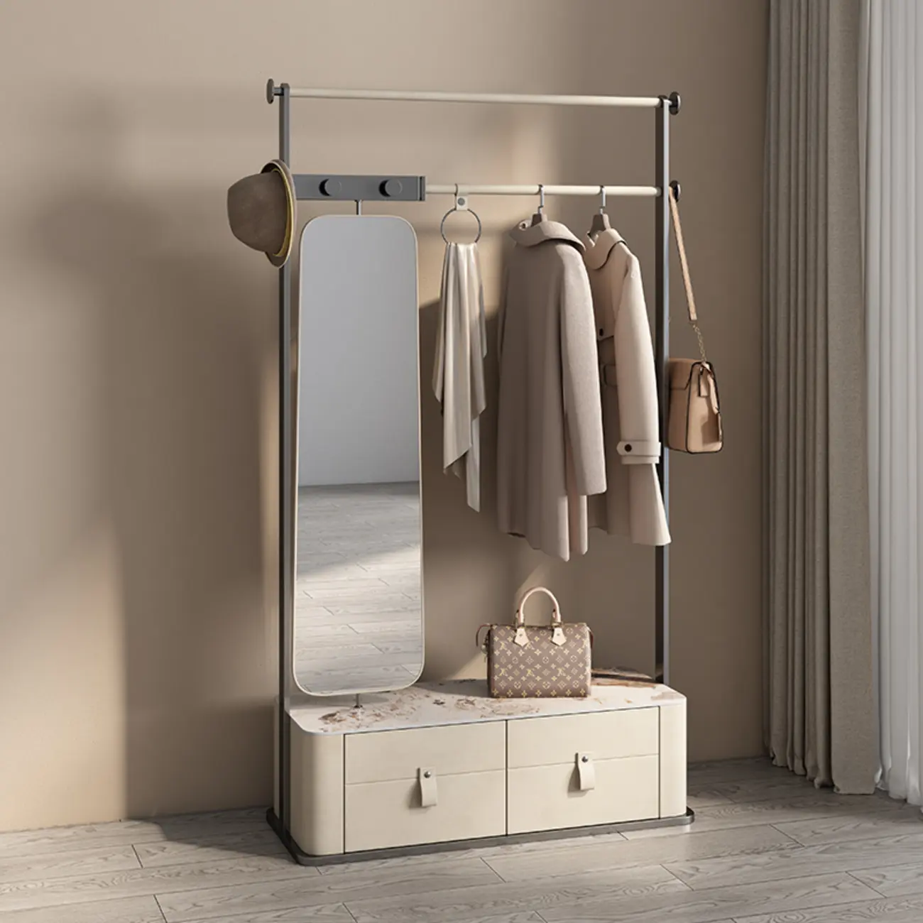 Glam Free Standing Coat Rack with Drawers and Mirror Image - 1 | homeyfad