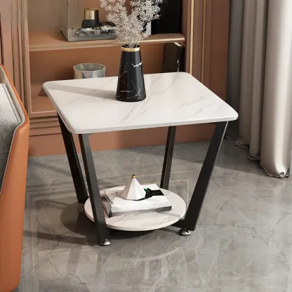 Gray Square Marble Top Modern End Table with Storage Image - 2