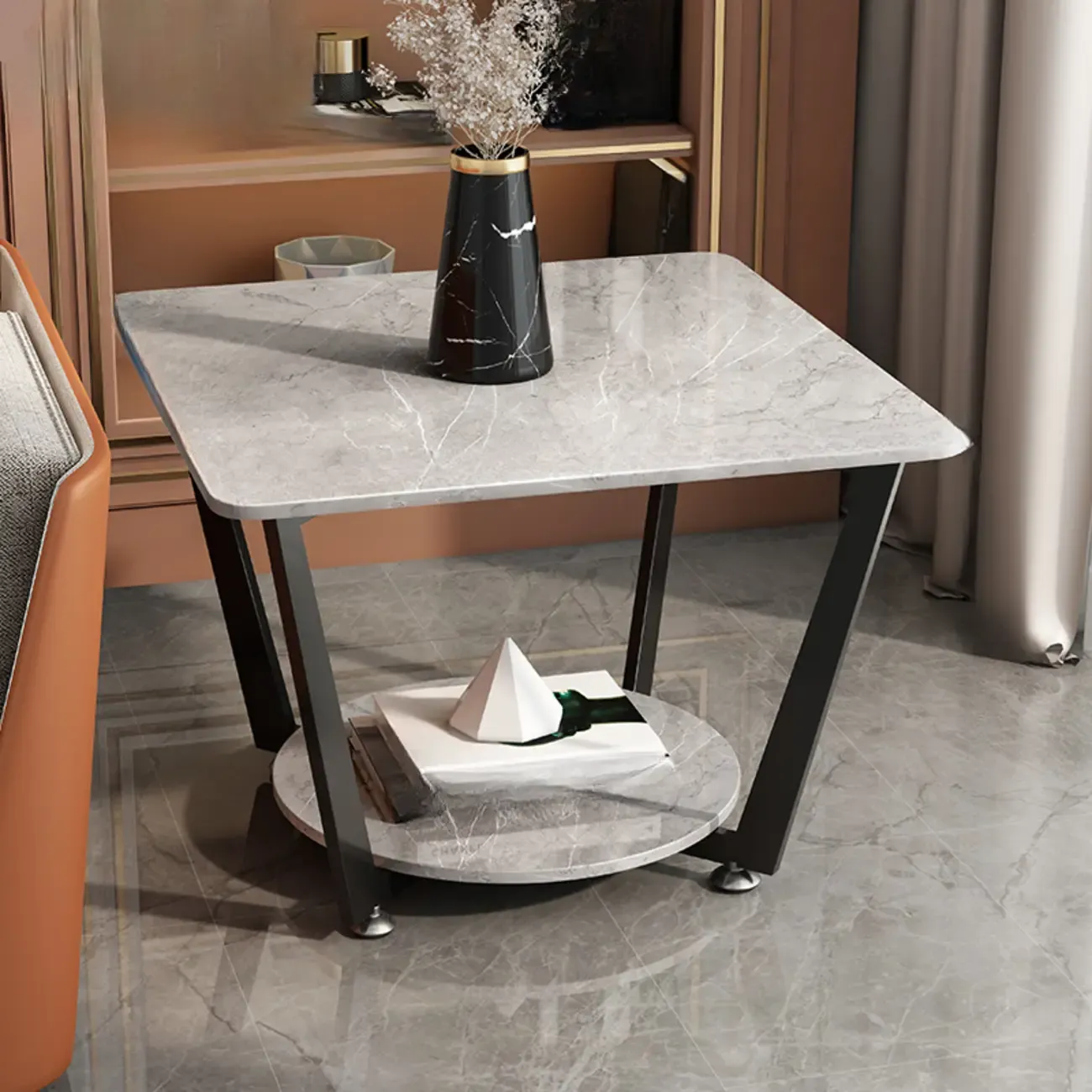Gray Square Marble Top Modern End Table with Storage Image - 3