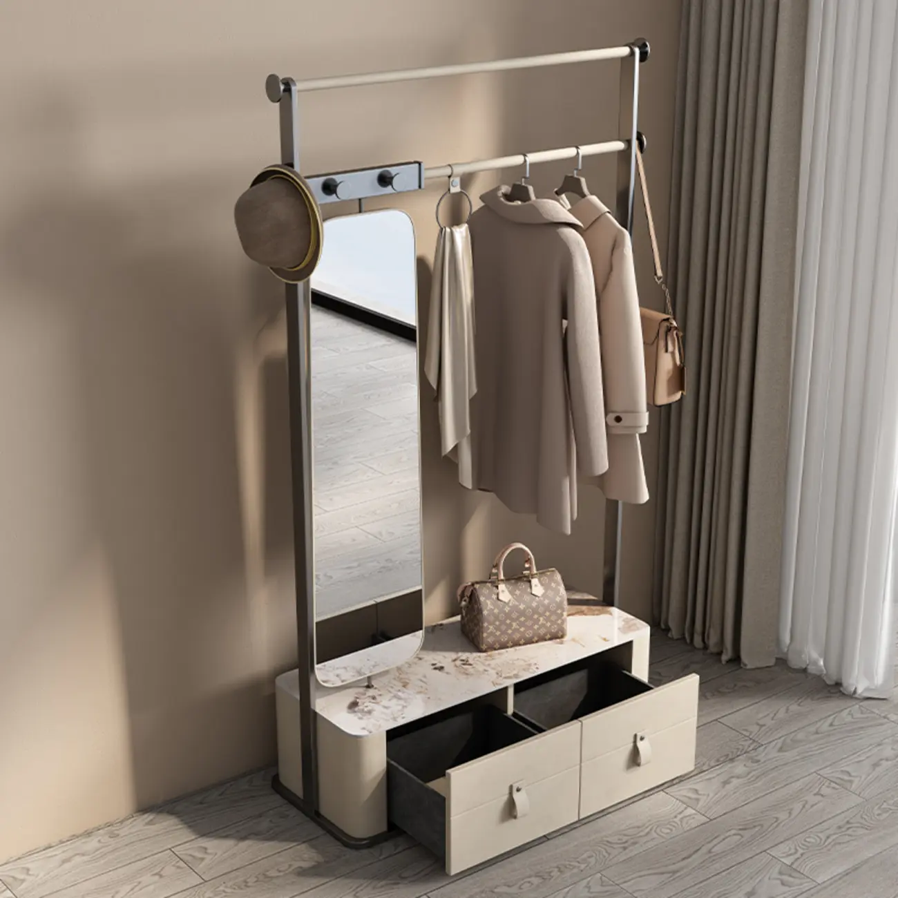Glam Free Standing Coat Rack with Drawers and Mirror Image - 4 | homeyfad