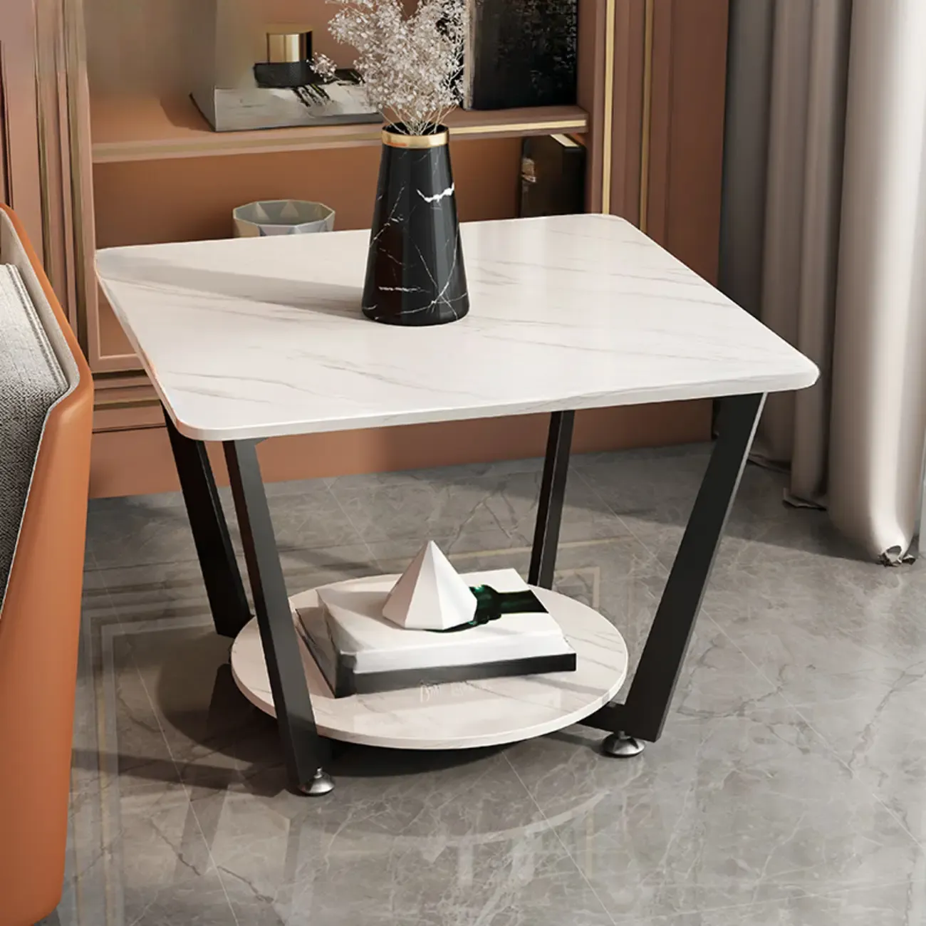 Gray Square Marble Top Modern End Table with Storage Image - 4