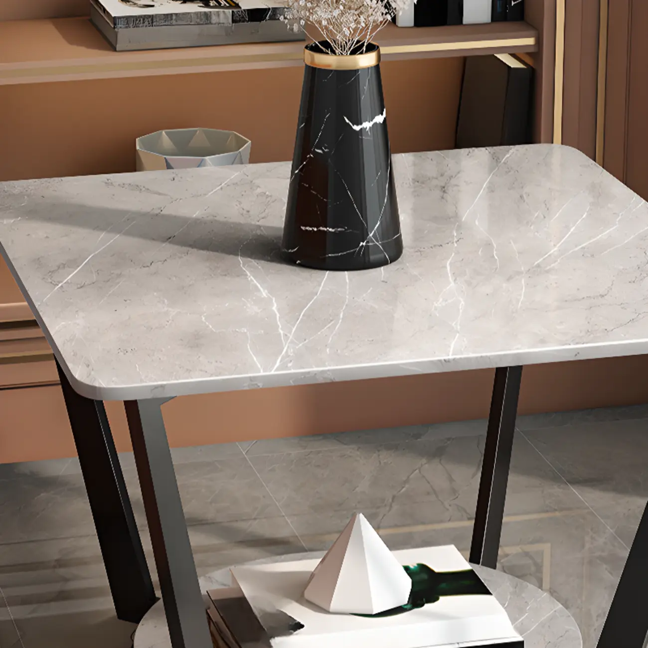 Gray Square Marble Top Modern End Table with Storage Image - 7 | homeyfad