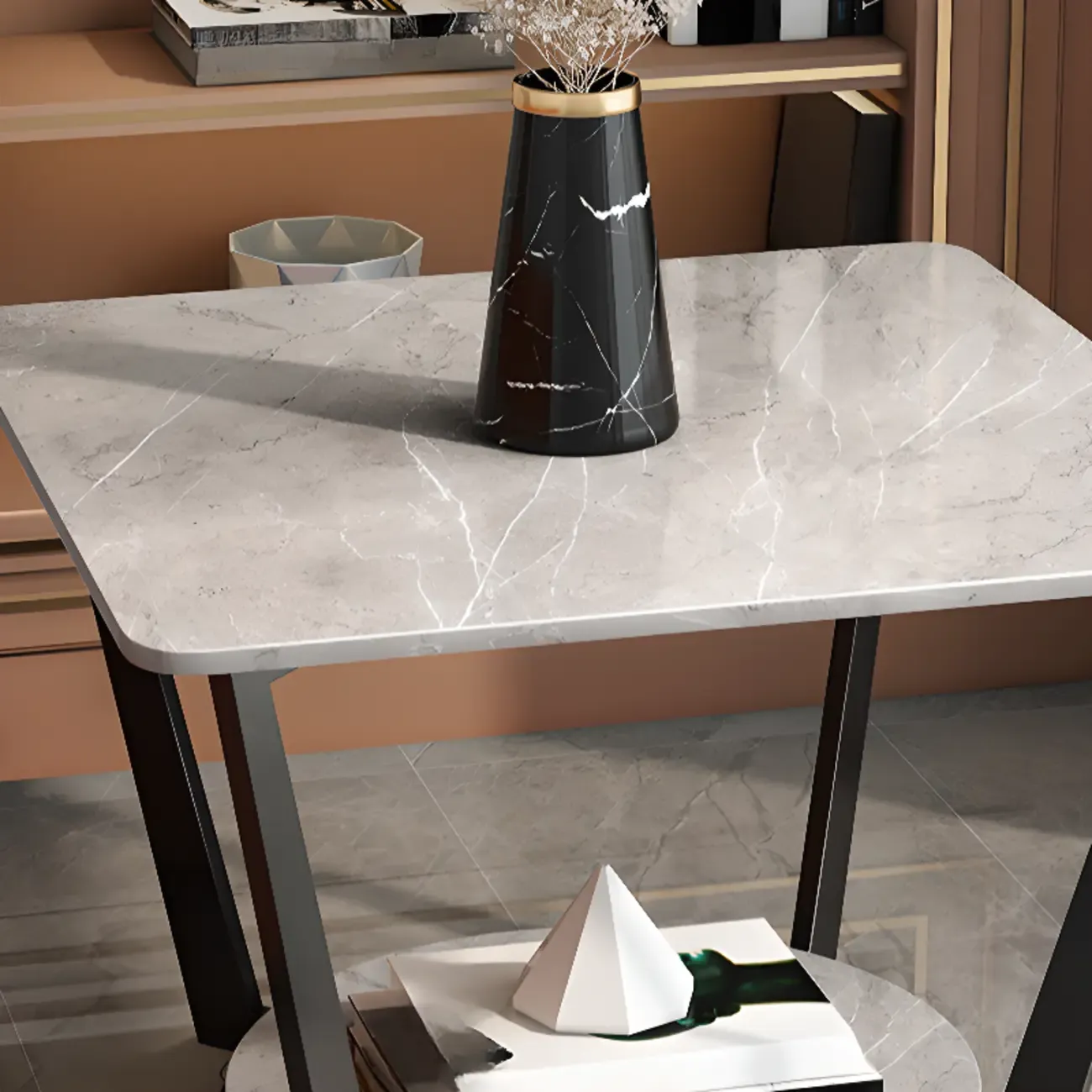 Gray Square Marble Top Modern End Table with Storage Image - 7