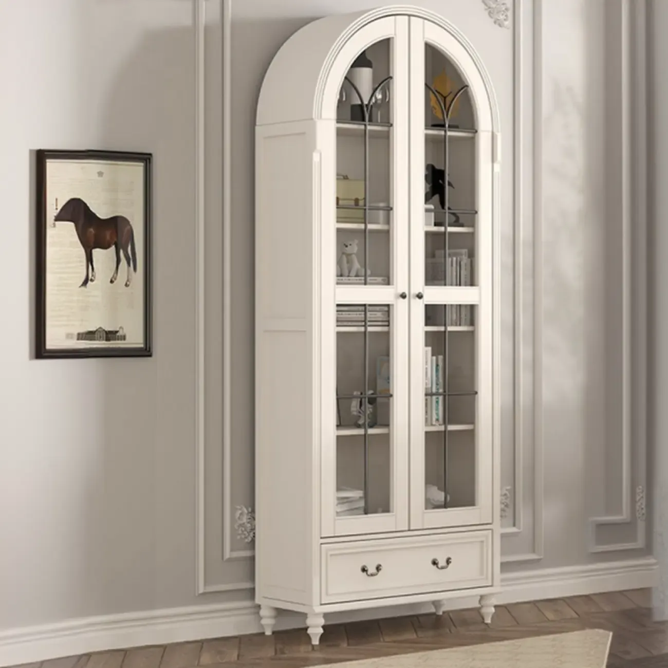 Cream White Display Cabinet with Glass Doors for Living Room Image - 1