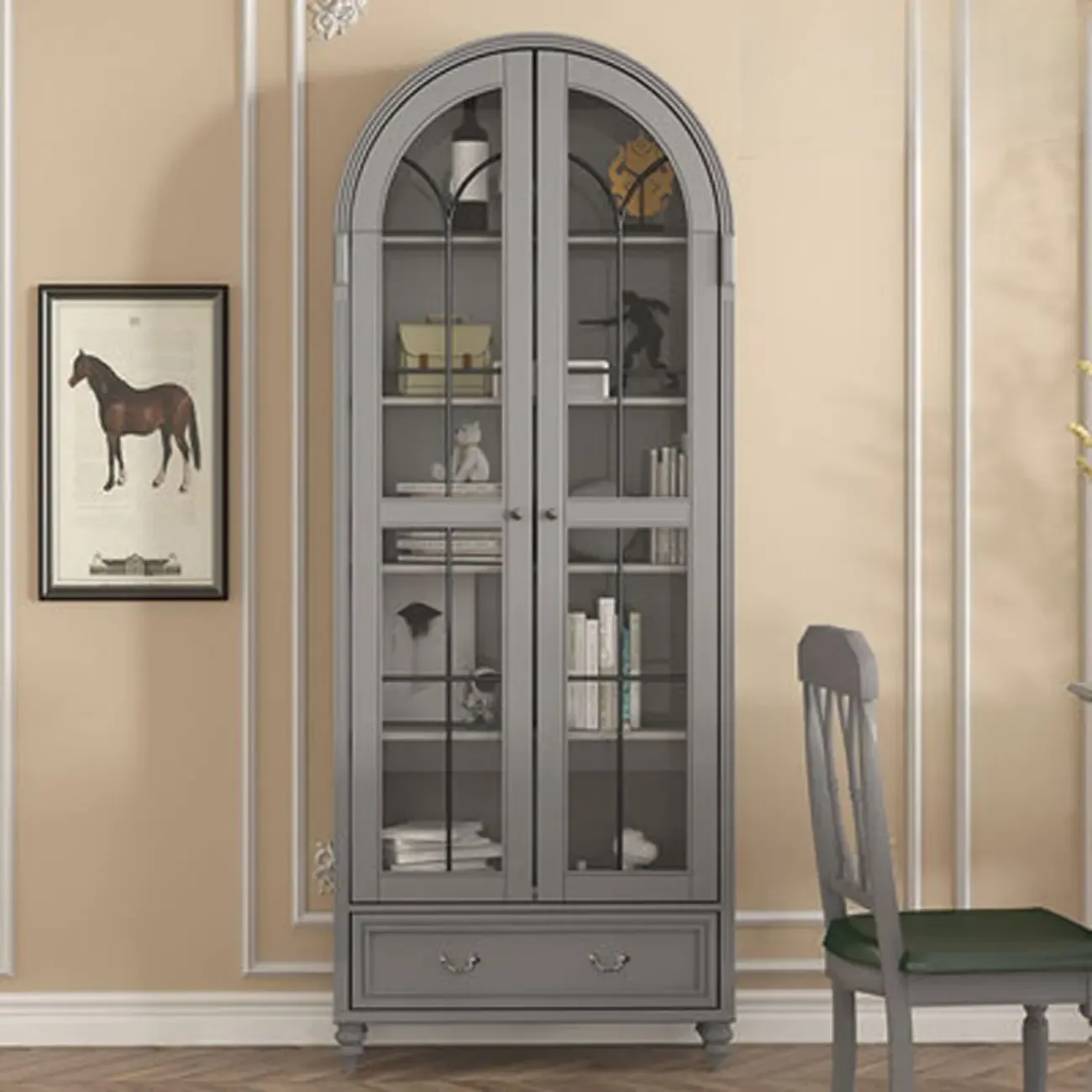 Arched White Wood Glass Doors Storage Display Cabinet - HomeyFad