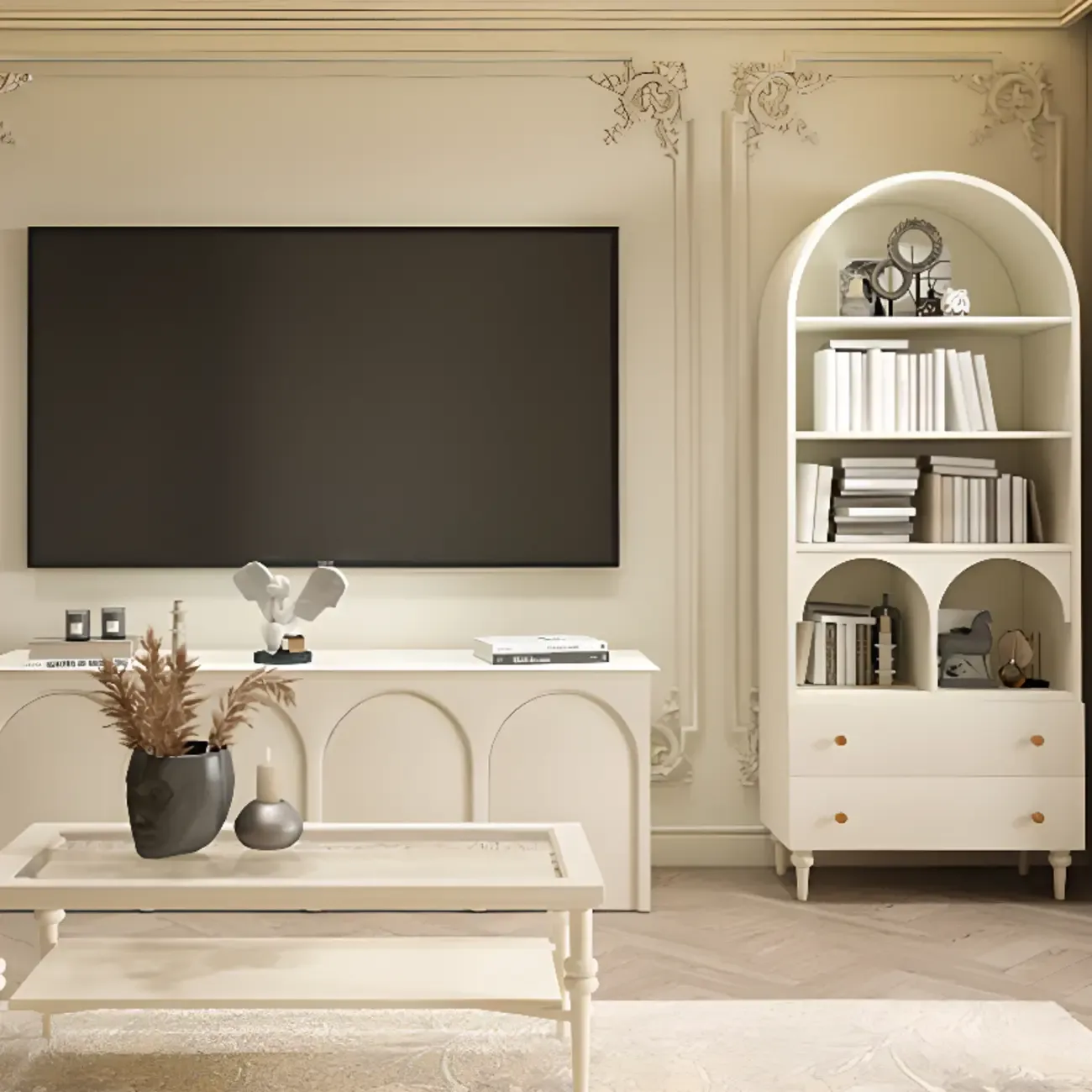 Cream White Display Cabinet with Glass Doors for Living Room Image - 6