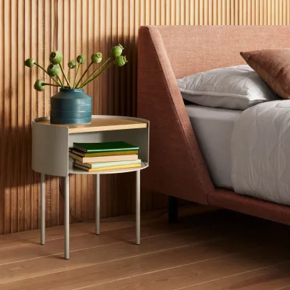 Round Shape Metal Bedside Table with Open Storage Wooden Top Image - 1