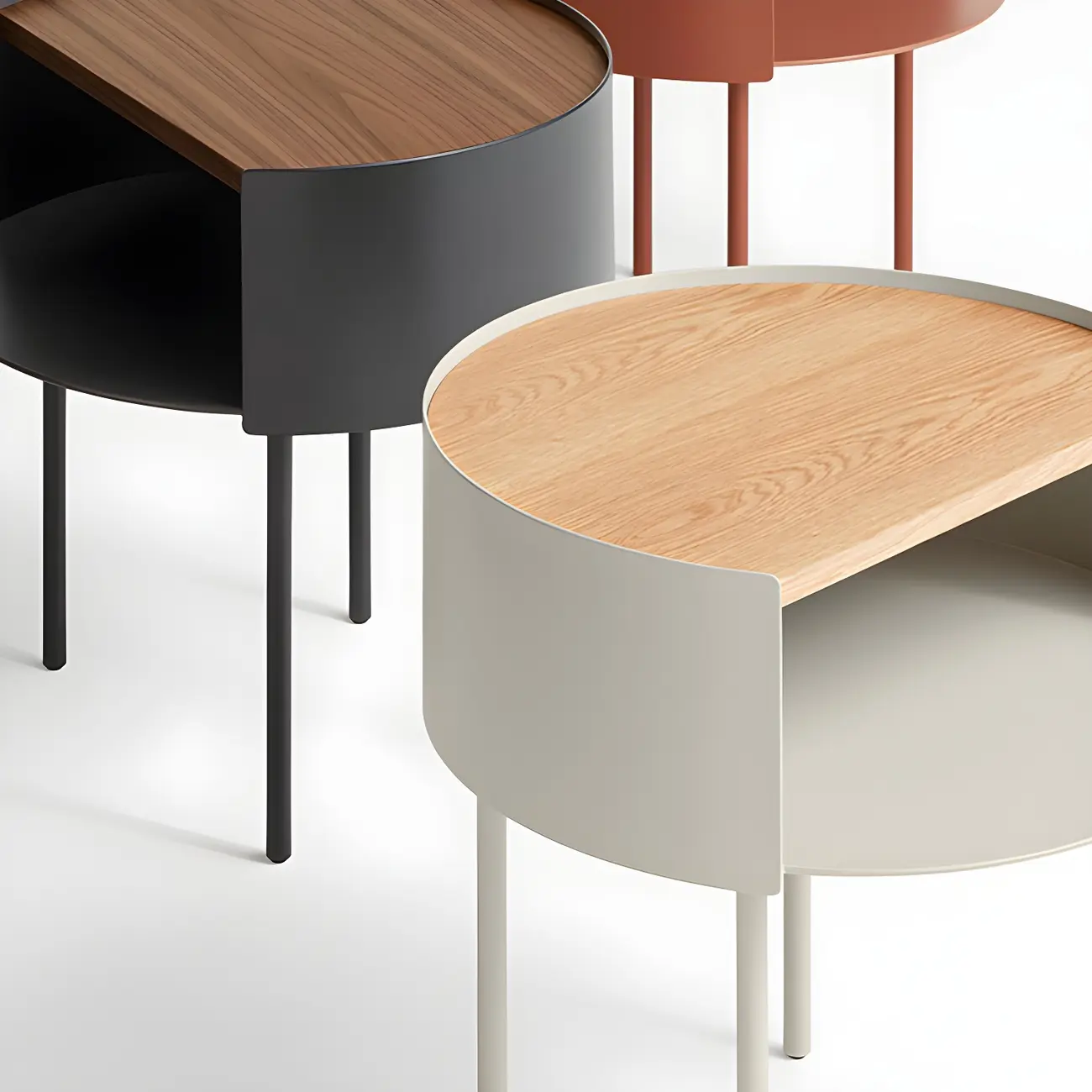 Round Shape Metal Bedside Table with Open Storage Wooden Top Image - 3 | homeyfad