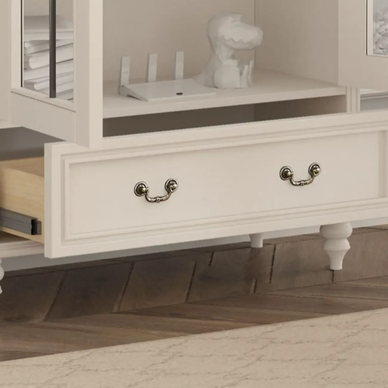 Cream White Display Cabinet with Glass Doors for Living Room Image - 11