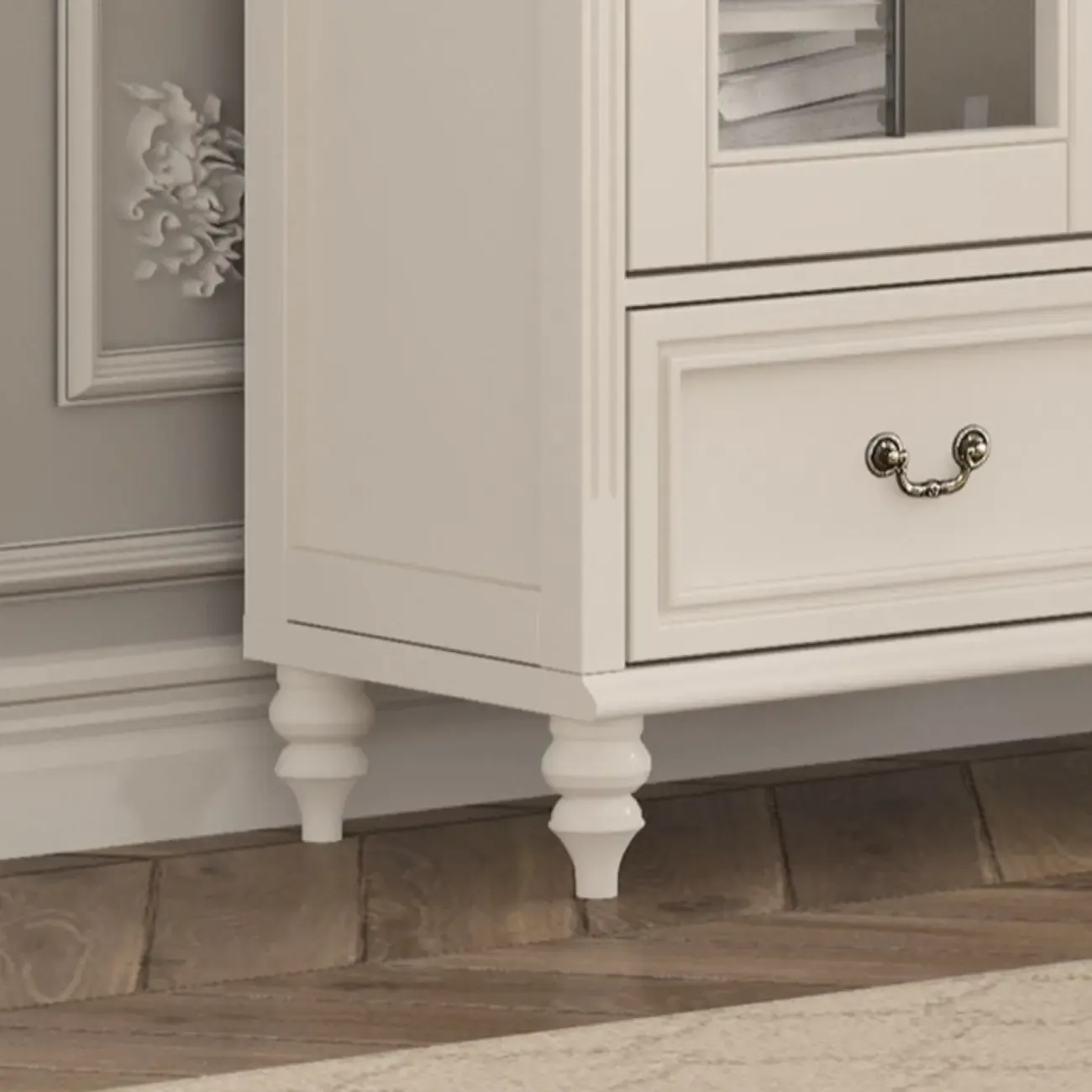 Cream White Display Cabinet with Glass Doors for Living Room Image - 12