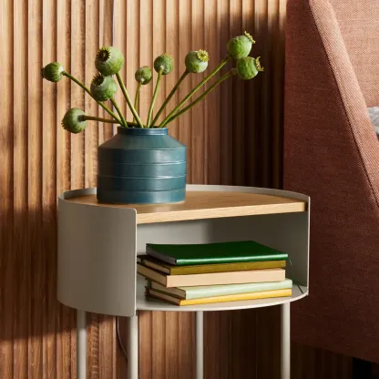 Round Shape Metal Bedside Table with Open Storage Wooden Top Image - 4