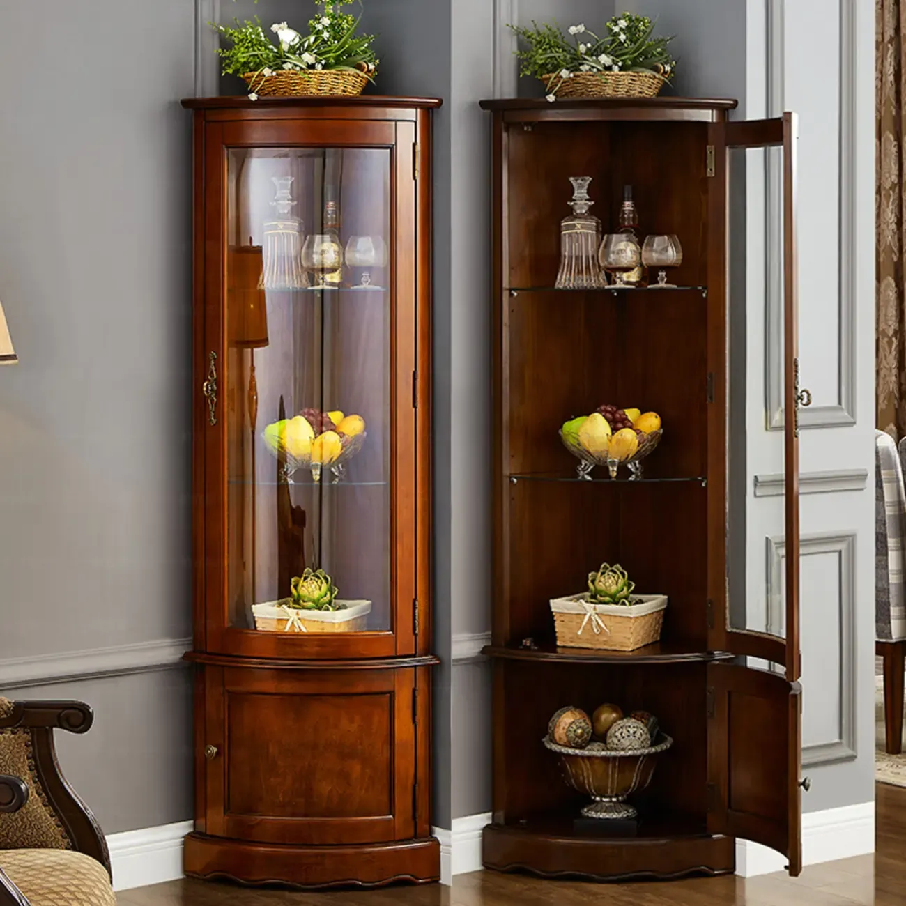 Traditional Wooden Corner Display Cabinet for Living Room Image - 2