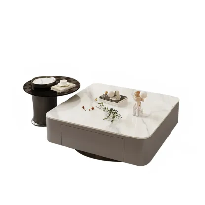 Modern White Glass Square Coffee Table Set with 2-Drawer Image - 5