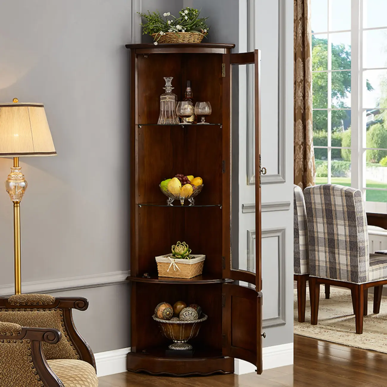 Traditional Wooden Corner Display Cabinet for Living Room Image - 3 | homeyfad