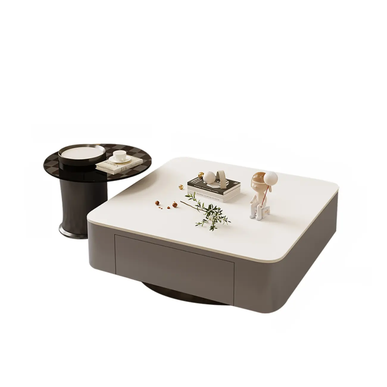 Modern White Glass Square Coffee Table Set with 2-Drawer Image - 7 | homeyfad