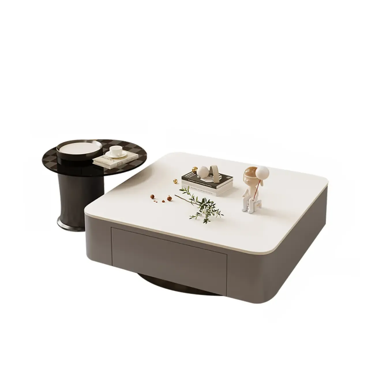 Modern White Glass Square Coffee Table Set with 2-Drawer Image - 7