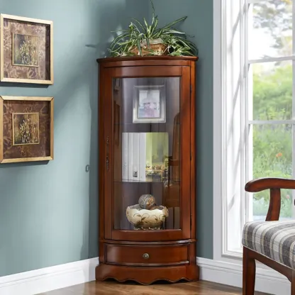 Traditional Wooden Corner Display Cabinet for Living Room Image - 4