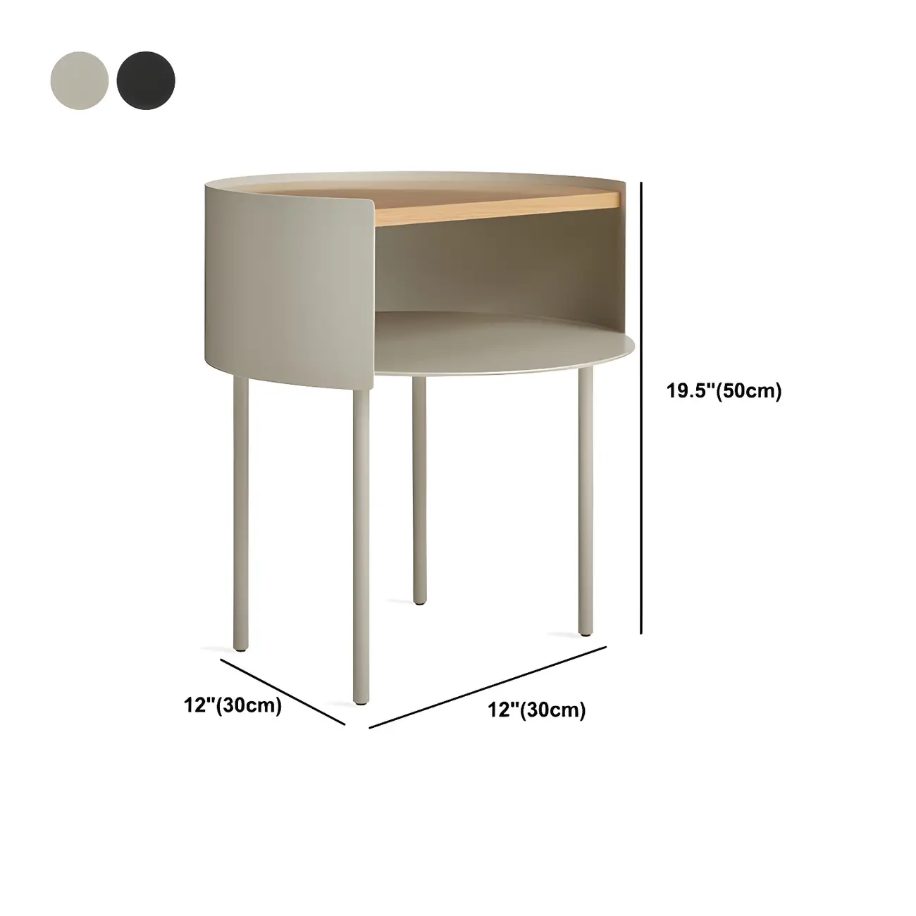 Round Shape Metal Bedside Table with Open Storage Wooden Top #size | homeyfad